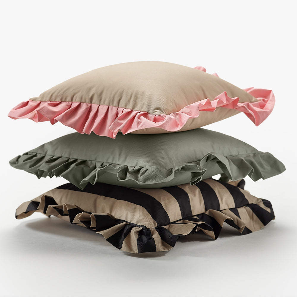 Outdoor Rüschenkissen Gestreift - Schwarz/Beige